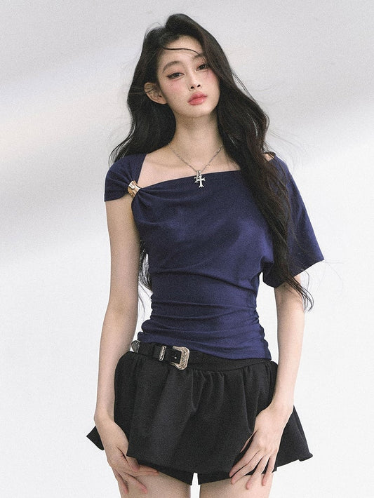 Blau/Rosa Asymmetrischer Ausschnitt Eng anliegendes T-Shirt Navy