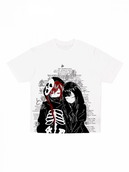 White Punk Couple Cotton Anime T-shirt Bittersweet Print Emo