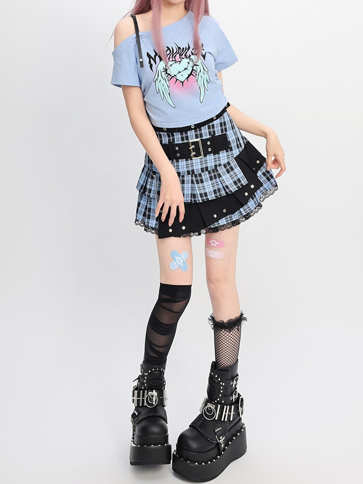 Wings Print Y2K Light Blue Asymmetrical Neckline Heart and T-Shirt