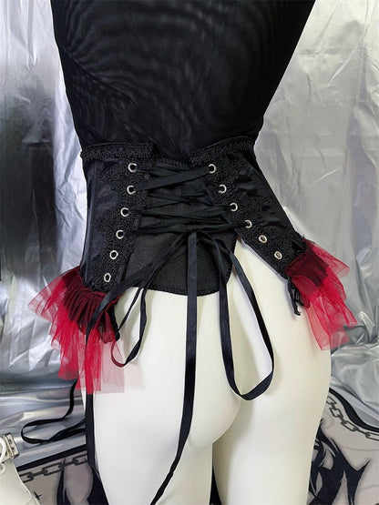 Black Red Lace Trim Goth Corset Belt with Beaded Chains