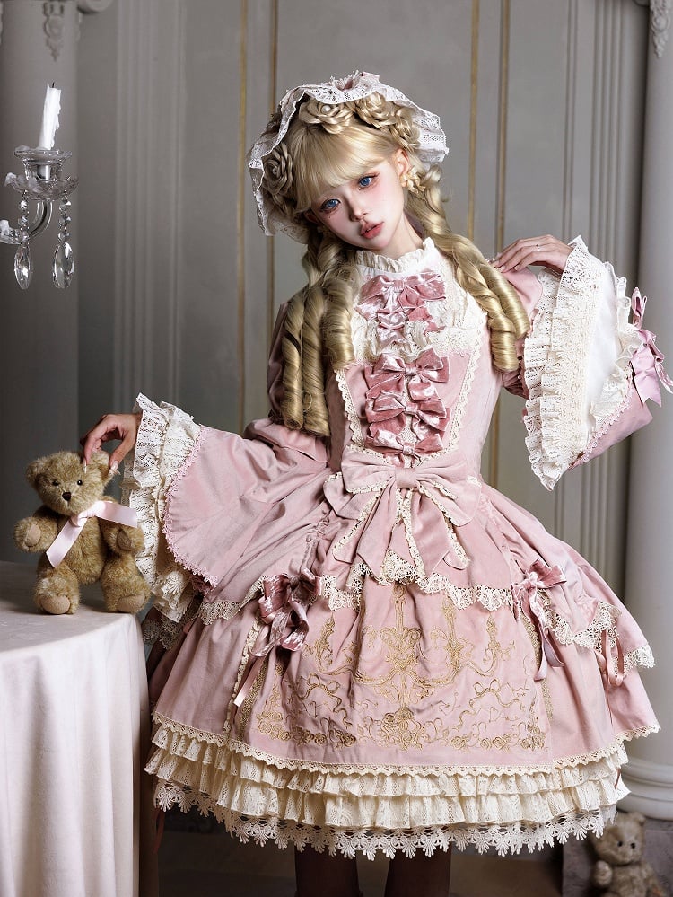 and Embroidery Candlestick Candle Bell Dress Pink Sleeves Velvet