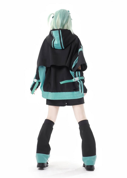 Black&Green Colorblock Design Zip Hoodie Jirai Kei Sweatshirt
