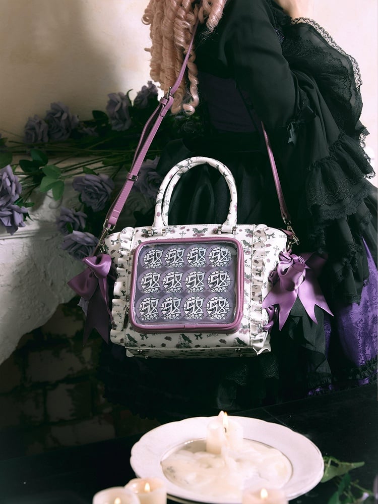 White Purple Floral and Cross Lace-up Detail Halloween Ita Bag