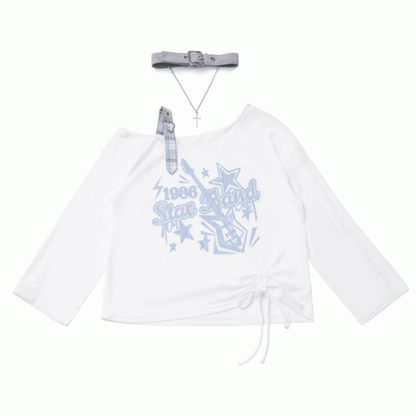 Blue/Black Free with Choker Guitar Print Asymmetrical Neckline Coverup