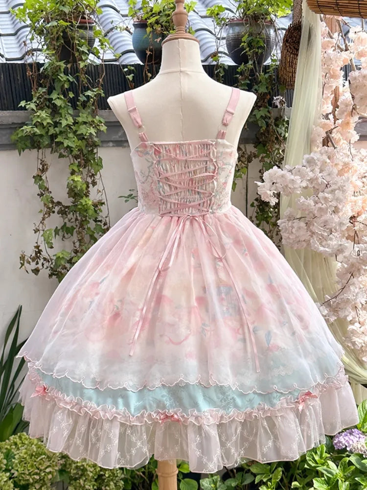 Robe Lolita rose à taille basque, imprimé pêche et fleurs de pêcher JSK