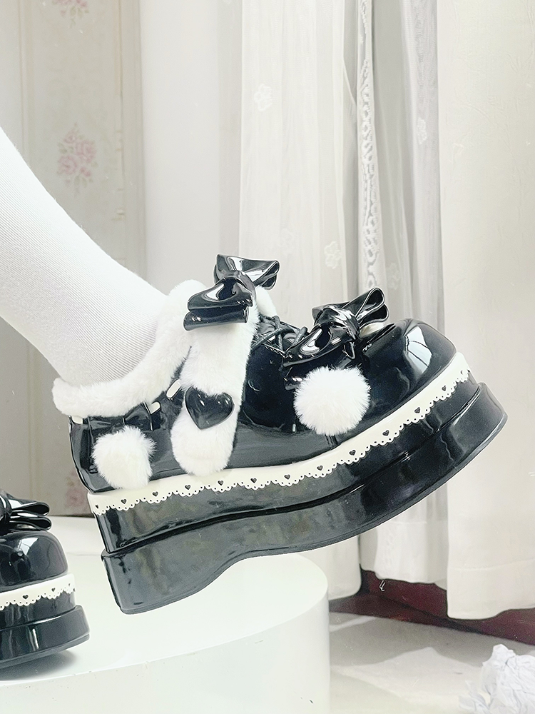 Lolita Black Cute Heart Bowknot Platform Shoes With Pompons