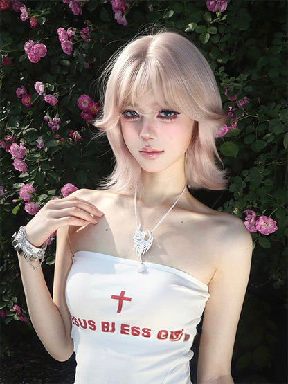 With Light 35CM Bangs Wig Pink Short Curtain Length