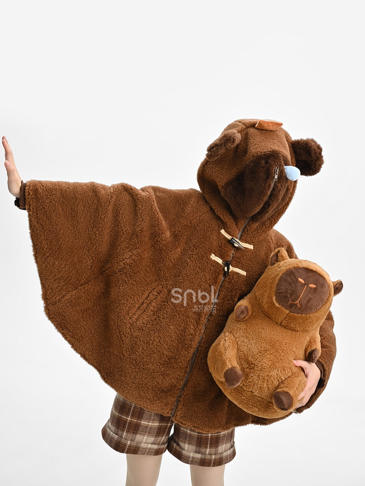 Brown Cute Capybara Hood Zip Closure Fleece Hooded Cape