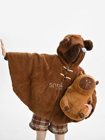 Brown Cute Capybara Hood Zip Closure Fleece Hooded Cape
