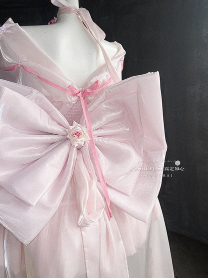 Pink Detachable Shawl Neckline Boned Basque Waist Puffy Dress