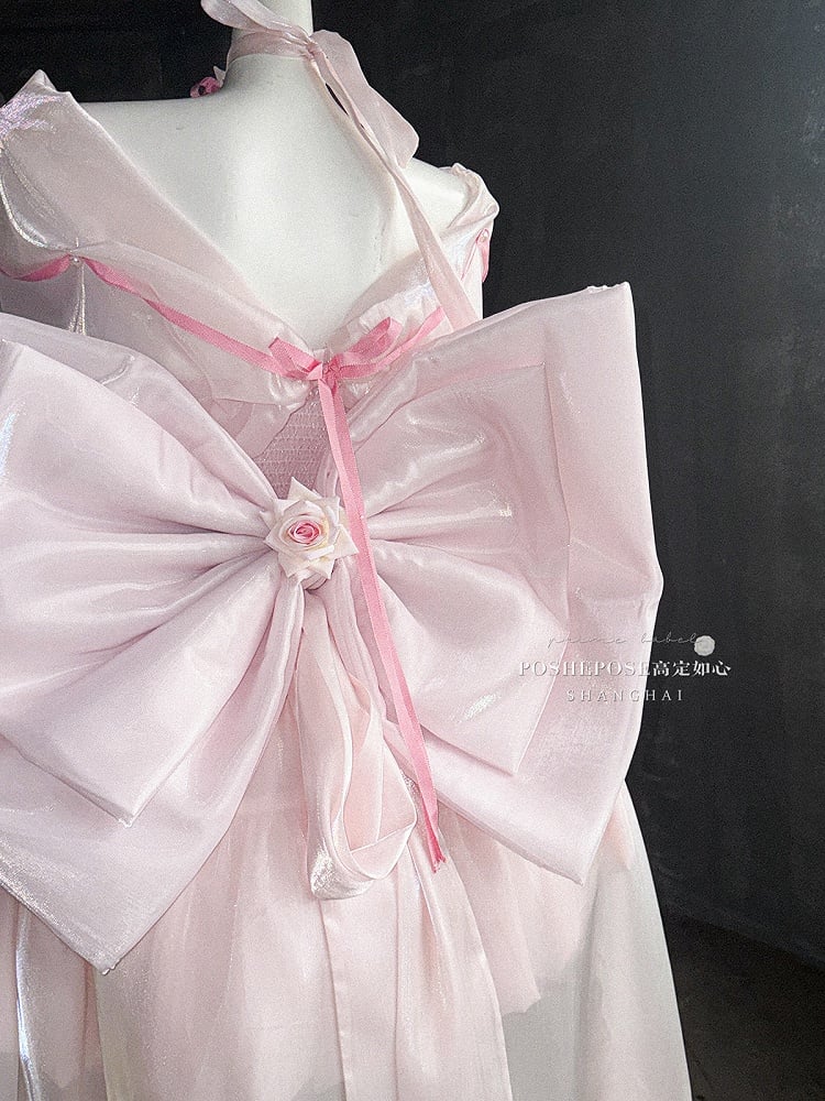 Pink Detachable Boned Basque Waist Puffy Dress with Large Bow Train