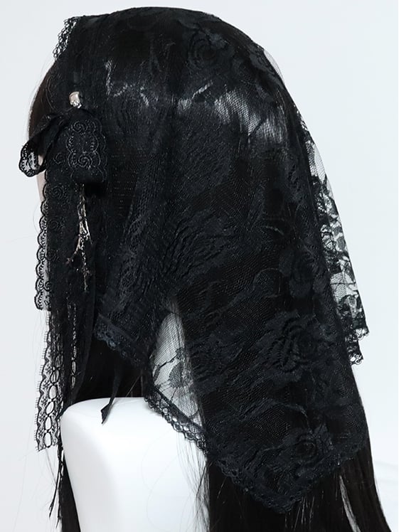 Cross Veil Hairband And Black/White Lace Floral Charm Details Bowknot