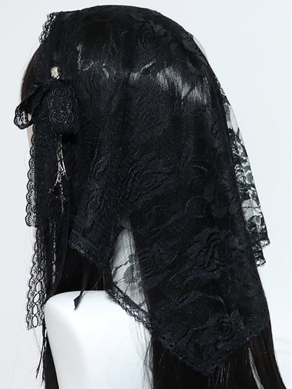Cross Veil Hairband And Black/White Lace Floral Charm Details Bowknot