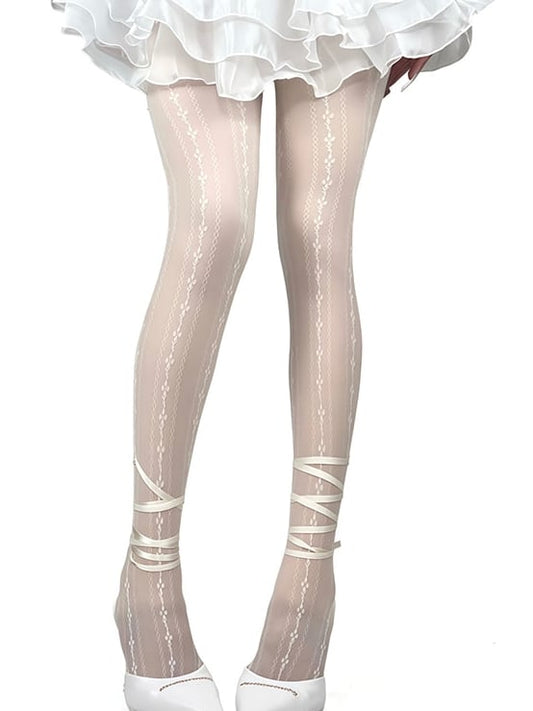 Y2K Straps White/Black Floral Tights Self-tie Pattern