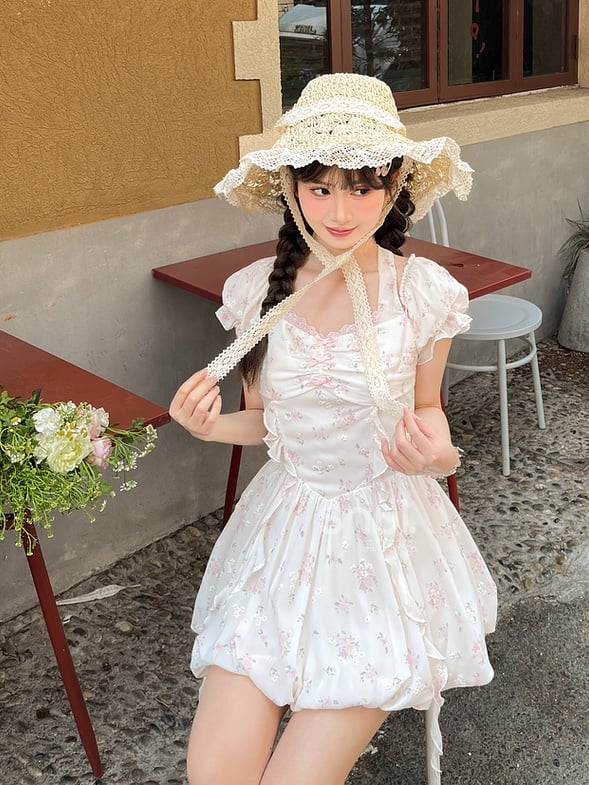 Waist Sweet White Puff Sleeves Basque Halter Neck Floral Dress