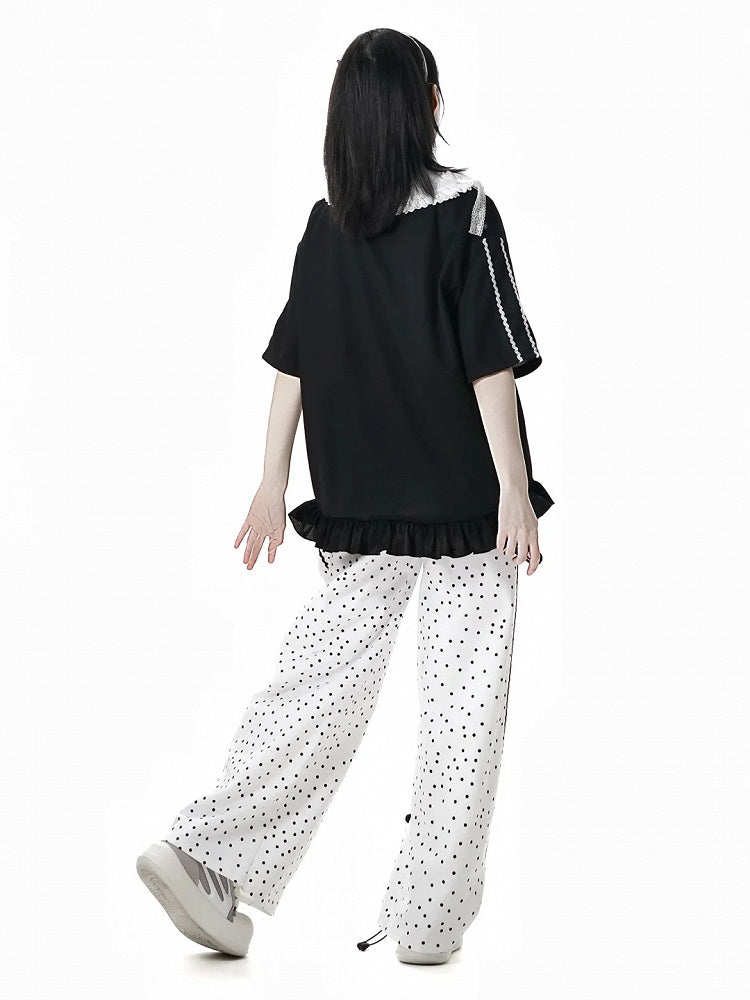 White Polka-Dot Pattern Cotton Straight-Leg Pants with Panda Plushie