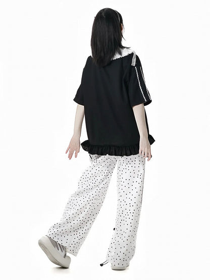 White Polka-Dot Pattern Cotton Straight-Leg Pants with Panda Plushie