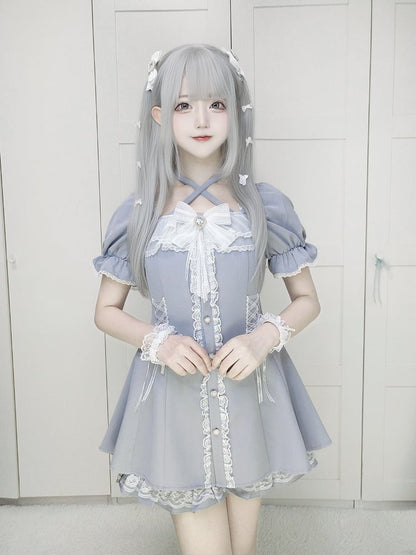 mit Dusty Dress Jirai und Kei Blue Tie Buttons Set: Neck Heart Neckholder Shorts verstellbar