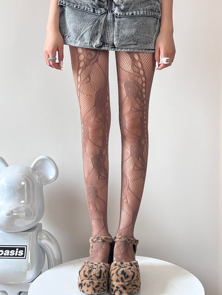 Black/White/Brown Y2K Cut-out Design  Floral Pattern Tights