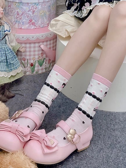 Sweet Lolita Cake Strawberry Bowknot Print Calf Socks