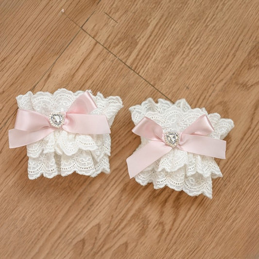 Design Manschetten Handgelenk Trim Jirai Spitze Verziert Strass WeißRosa Bowknot Kei