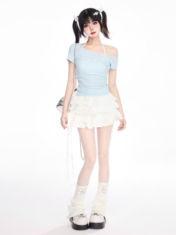 Mint Blue Asymmetrical Neckline Lace-up Rhinestone Letter T-Shirt Side