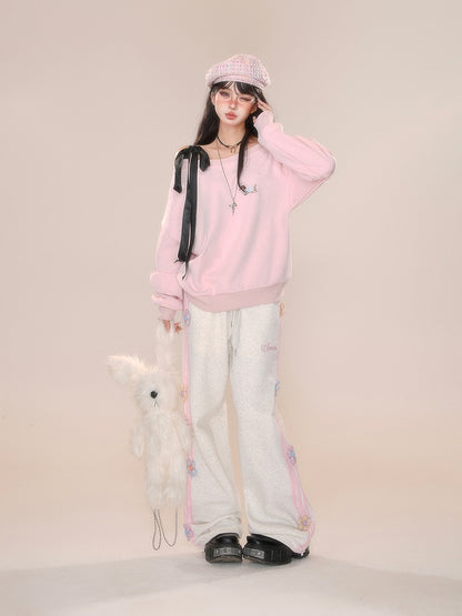 Design Straight-leg Floral Gray/Pink Cut Pants