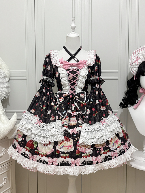 Lolita Print Black Cake Bell with Sweet Sleeves Short Strawberry Dress Detachable