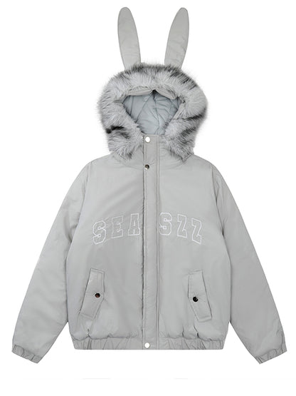 Grey/Apricot Letters Print Bunny Ears Hooded Thick Jacket Detachable Hood