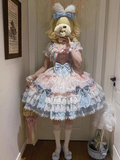 Details and Pink Dress Lolita Blue Bead Sweet Princess Bows Detachable