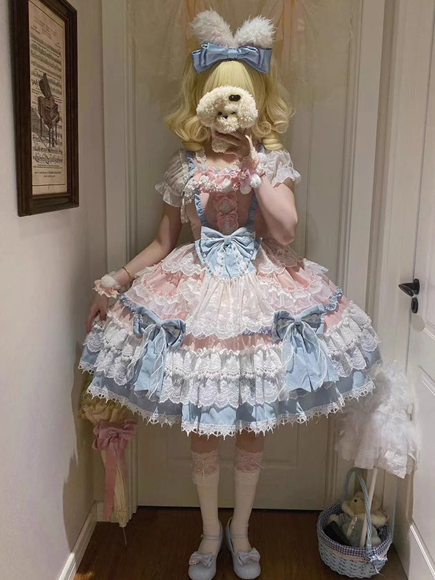 Sweet Lolita Details Bead Pink Detachable Princess Bows Blue and Dress
