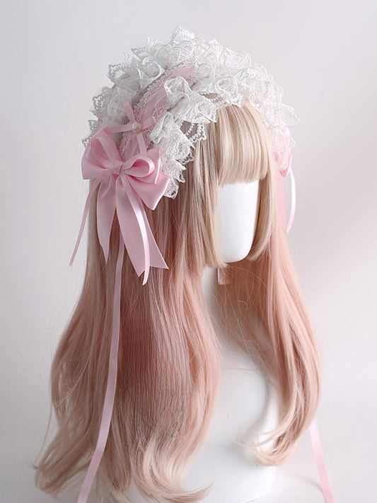Serre-tête nœud en dentelle rose et blanc avec pinces