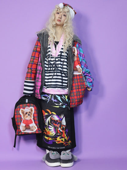 Weihnachts-Y2K-Farbenfrohe Oversize-Kapuzenjacke mit Fleecefutter, Karomuster und Welpen-Print