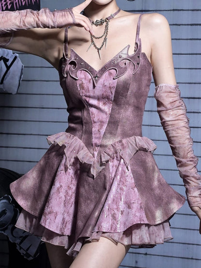Slip Denim Y2K Totem Embroidery with Punk Ruffles Dress Dusty Pink Studded Tiered Tulle Rhinestoned
