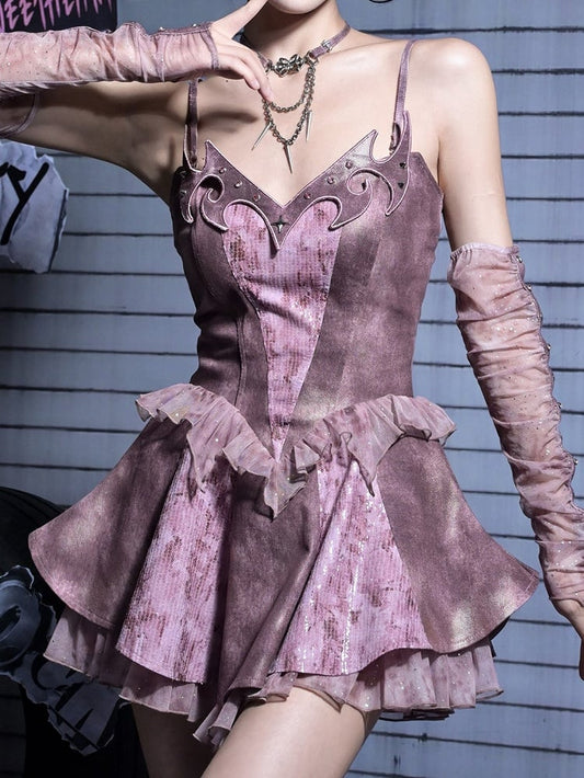 Slip Denim Y2K Totem Embroidery with Punk Ruffles Dress Dusty Pink Studded Tiered Tulle Rhinestoned