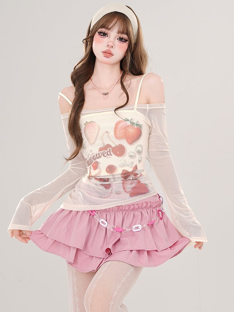 Pink/Apricot Strawberries Print Off-Shoulder Semi-sheer Top with Cami Top Set