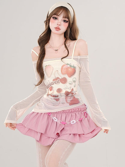 Pink/Apricot Strawberries Print Off-Shoulder Semi-sheer Top with Cami Top Set