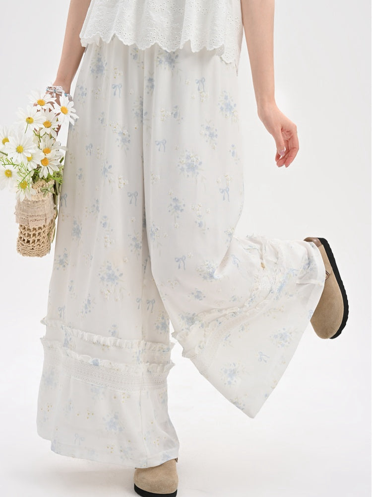 Blue Floral Pattern Version White Chiffon Waist Wide-Leg Pants Elastic Regular/Short