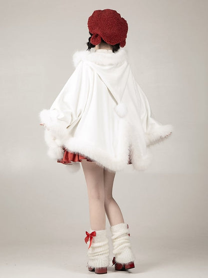 White Plush Trimmed Hooded Winter Cape Coat