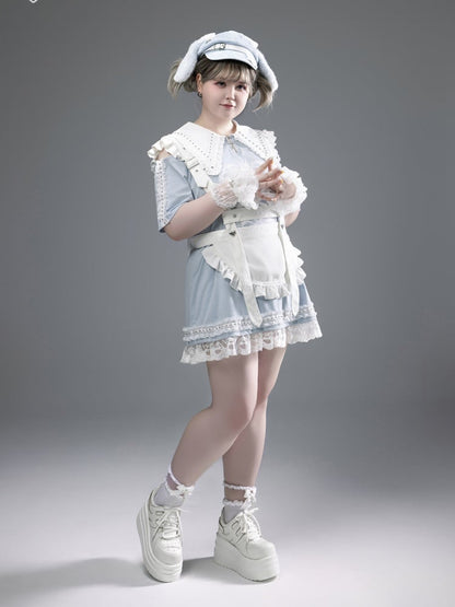 Blue Pointed Flat Collar Cutout Shoulder Lace Trim Jirai Kei Dress Light