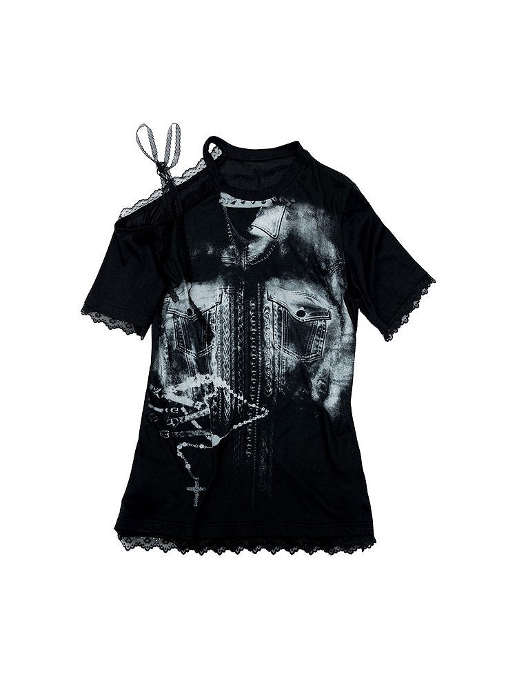 Lace-Trimmed Print White Shoulder Detail Lace-Up with Denim Punk Black T-shirt