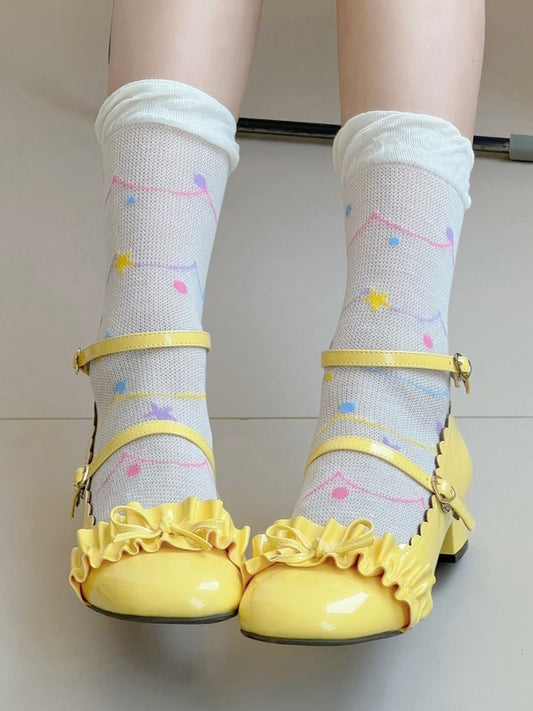 With White/Beige Polka-dot Socks Calf Pattern Star And Hollow-out