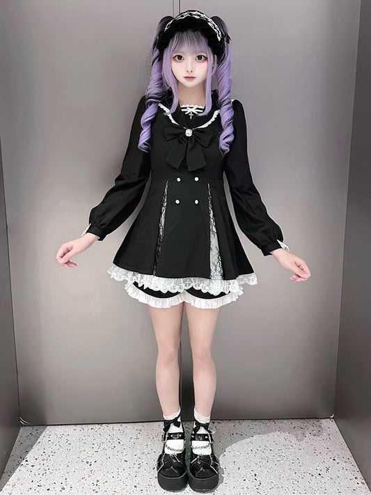 High Mini Coord with Dress Slit Matching Kei Black Set: Jirai Lace-Paneled Edgy Shorts