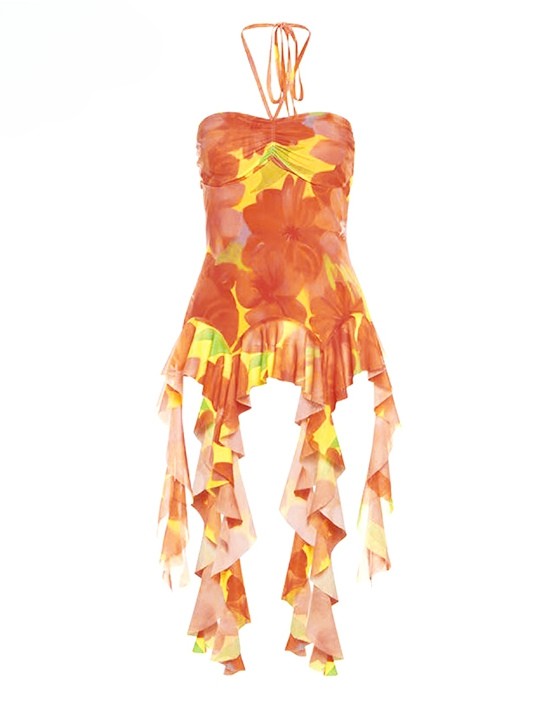 Print Top Ruffle Accents Orange Tube Holiday Floral Cascading