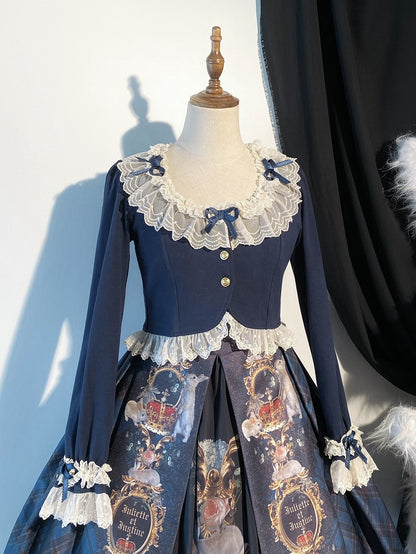 Cropped Trim Fashion Dark Cardigan Bow-Detailed Lolita Blue Lace