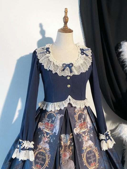 Cropped Trim Fashion Dark Cardigan Bow-Detailed Lolita Blue Lace
