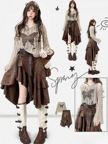 Cutout Butterfly Fashion Details Khaki Millard Applique Top