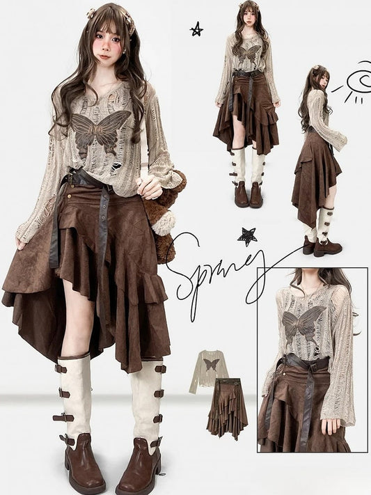 Cutout Butterfly Fashion Details Khaki Millard Applique Top