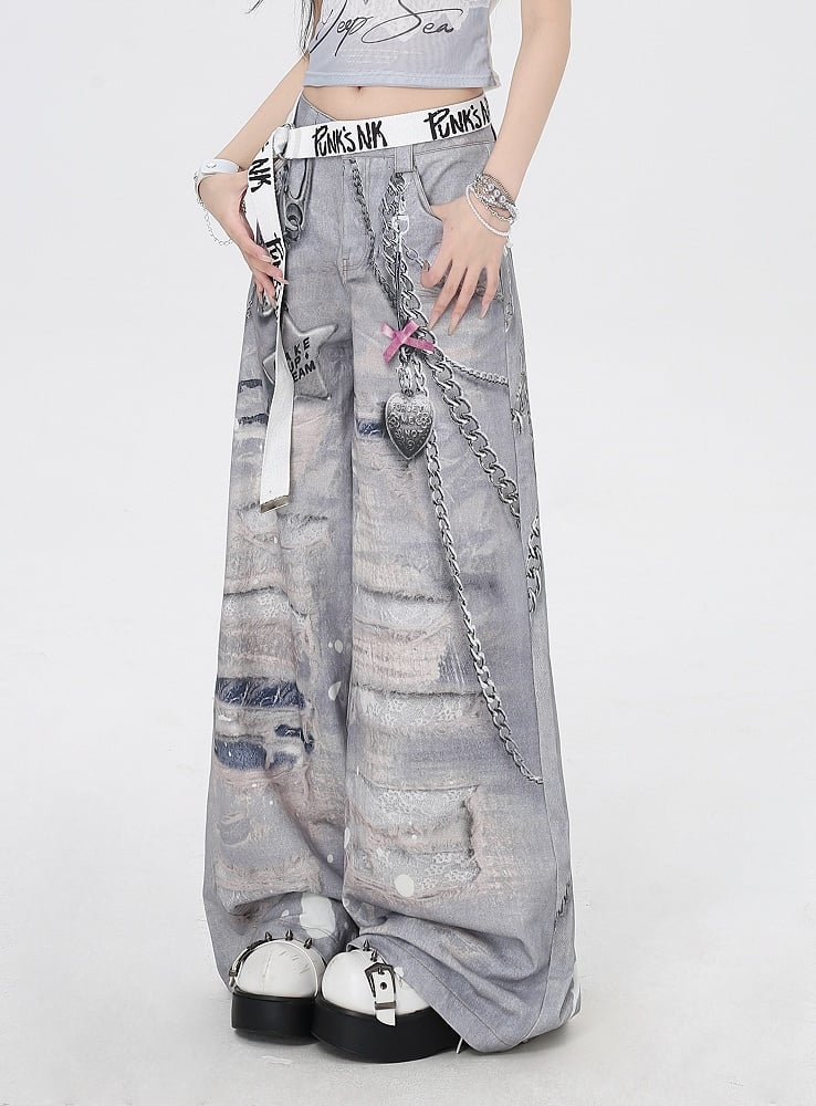 Grey Low Holes Waist Distressed Chains 3D Print Wide-Leg Casual Pants and
