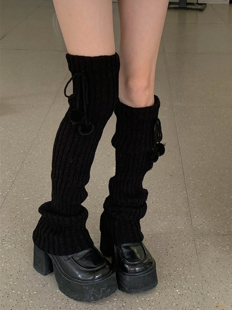 White/Beige/Light Grey/Black Knitted Leg Warmers With Pompons